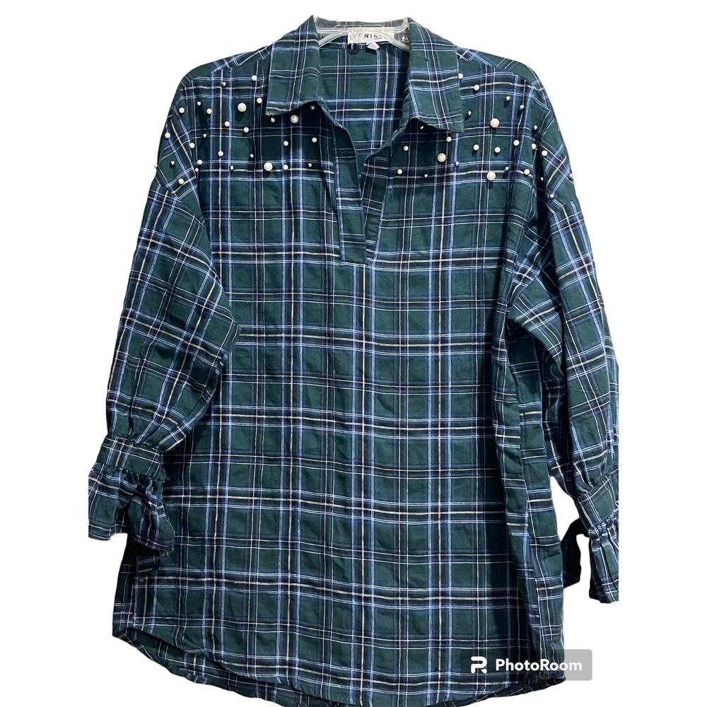 Kontrol Contemporary Women's L Long Sleeve Shirt Embelleshed Plaid Collar V-neck